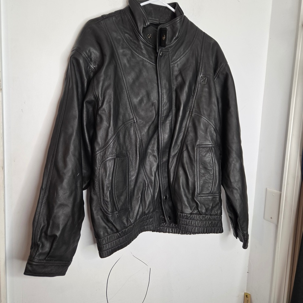 Adler Mens Black Genuine Leather Bomber Jacket Mock Neck Vintage Style Size L